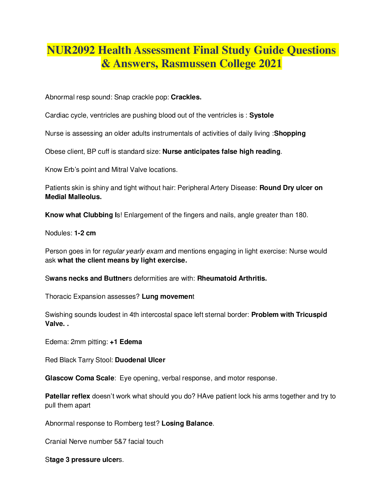 Preview image for NUR2092 Health Assessment Final Study Guide Questions LATEST 2022-2023